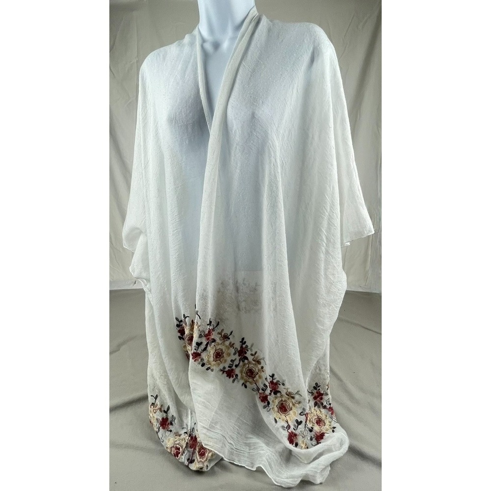 SHYANNE BOHO KIMONO CARDIGAN WHITE EMBROIDERED FLORAL HEM SHEER OS WESTERN